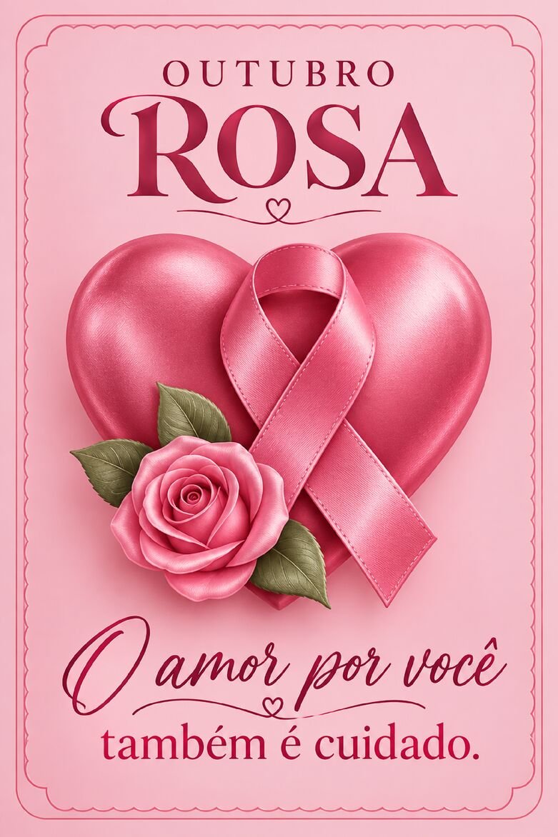 Cartão Outubro Rosa com coração rosa brilhante, laço de conscientização e rosa decorativa